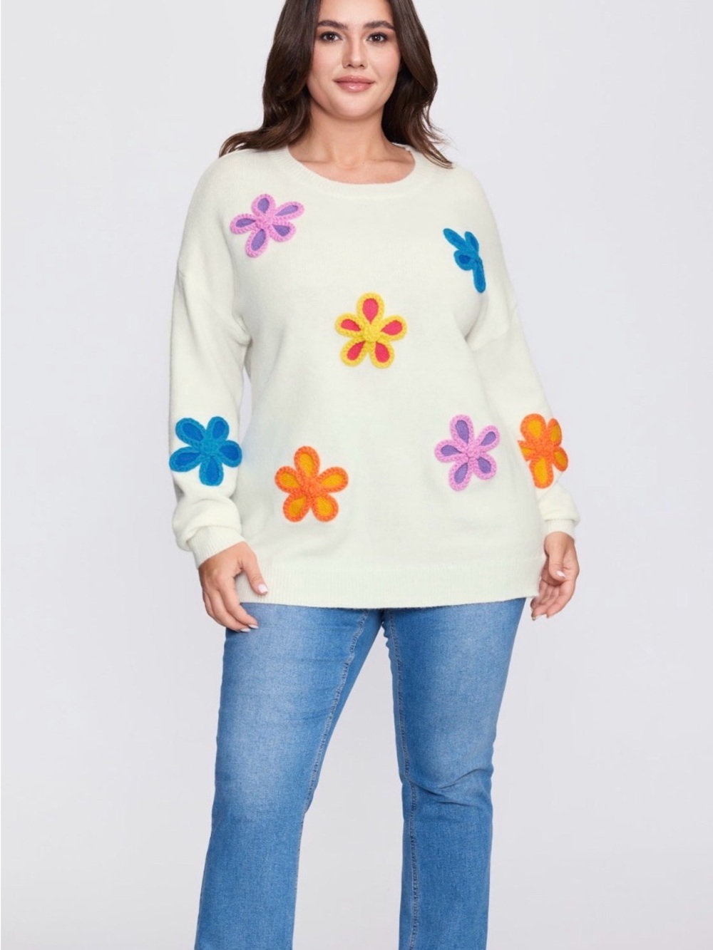 BloomChic Cream Crewneck Sweater with Multi-Color Floral Appliqués
